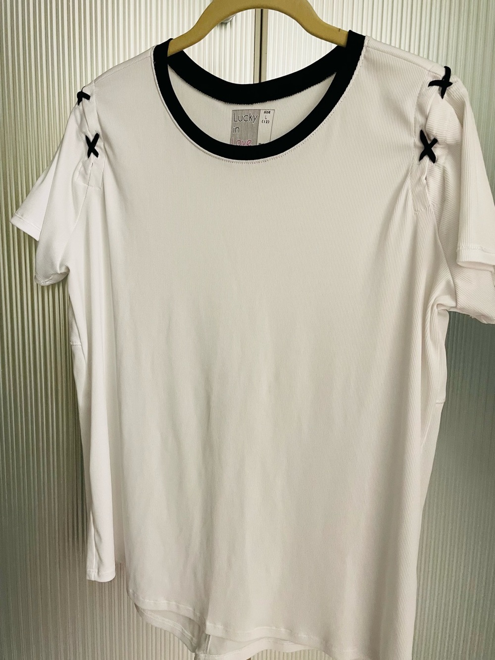 Lucky in Love Short-Sleeve Tennis Top.  Women’s Size L